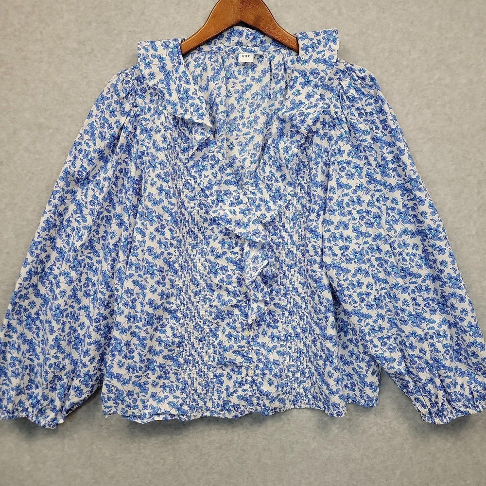 GAP Floral Ruffle Poet Blouse Top Womens Sz XL Blue White Puff Sleeve Cotton